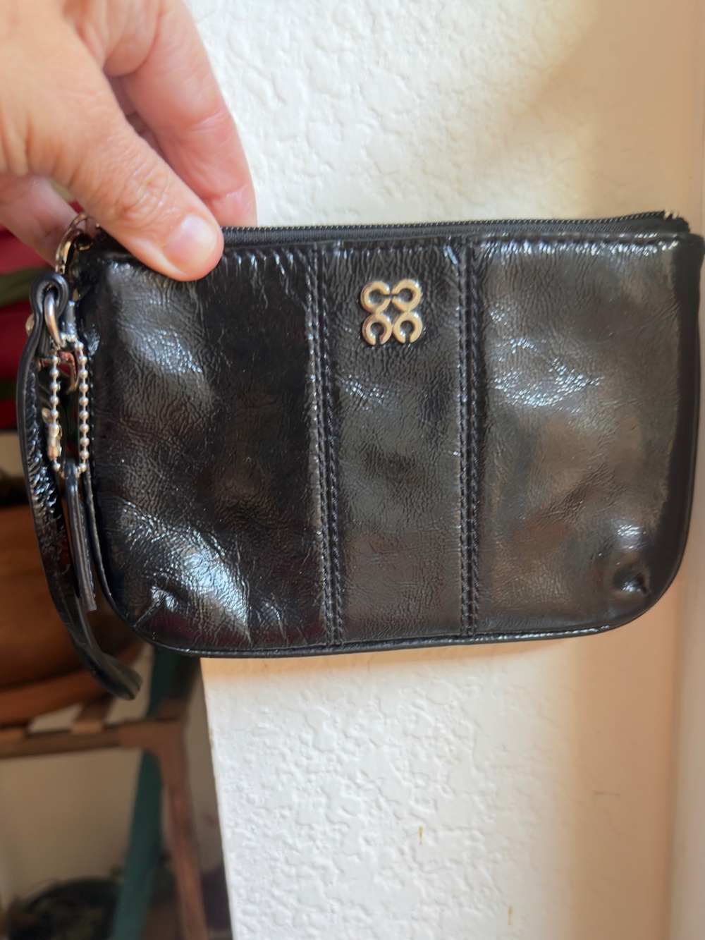 Coach Black Leather Wristlet Pouch with silver Accent